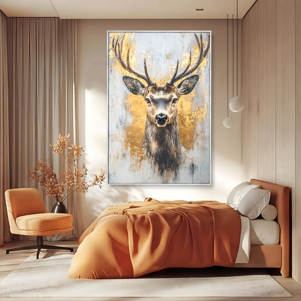 Tablou canvas cu tablou canvas cu cerb si accente aurii, in rama de aluminiu argintiu, pe perete intr-un dormitor